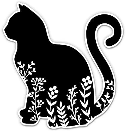Флорална мачка прилично црна налепница - налепница од лаптоп 3 - водоотпорен винил за автомобил, телефон, шише со вода - мачка