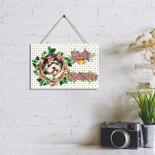 Божиќни дрвени знаци Симпатична куче Холи венец гроздобер дрво знак Божиќни wallидни украси за домашна забава за дневна соба