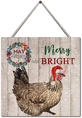 Божиќна надворешна тремот знак весело светло венец фарма животно кокошка гроздобер wallидна уметност дрво знак Божиќ празник