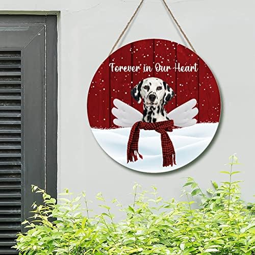 Божиќно куче од влезна врата куче на небото засекогаш во нашето срце дрво плакета црвено биволско куче со крилја дрво уметност