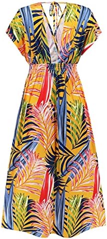 Дами Хаваи фустан Кратки ракави Тропски цвет печати макси фустани лето V вратот Еластичен висок половината долг фустан