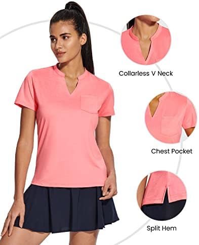 Rivalay женски голф Поло кошули без јаки v вратот upf 50+ Брз сув кратки ракави тенис трчање маици со џеб