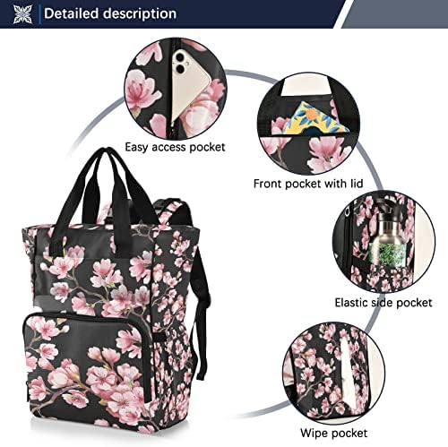 Ранец за торба со пелена за бебето Nappy Промена на торби со мултифункционални розови цреша цветни цвеќиња ранец