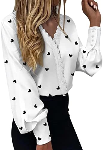Beuе жени цветни печати чипка против маици со вратот деловни лежерни долги ракави копче за кошула надолу надолу со блузи лабави