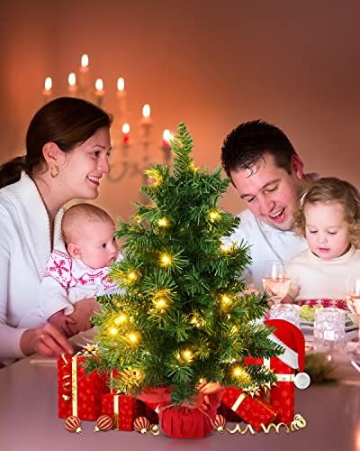 24 инчи пред-осветлена вештачка мини новогодишна елка, Vlorart Tablet Tabletop Вештачко мало новогодишно дрво со светла вклучува