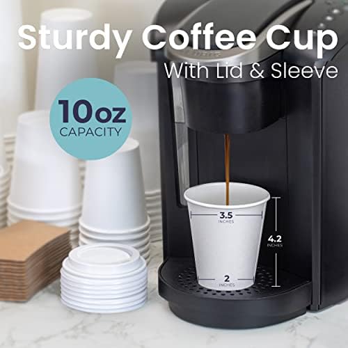 [100 пакувања] Чаши за бели кафе со капаци на куполи и кафеави ракави - 10oz чаши за кафе за еднократна употреба - да одат чаши