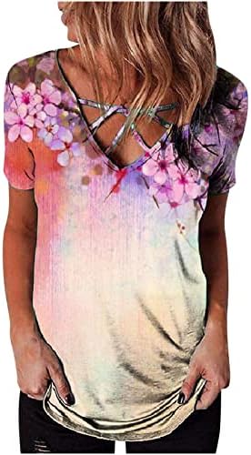Narhbrg женски маички со краток ракав за кратки ракави шарени печати v вратот Туника мангии крстовички врвови симпатични лабави
