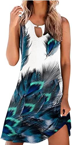Обични летни фустани за жени секси печатење на Ацтек Исечен резервоар за резервоарот А-линија А-линија гроздобер плажа Хавајски