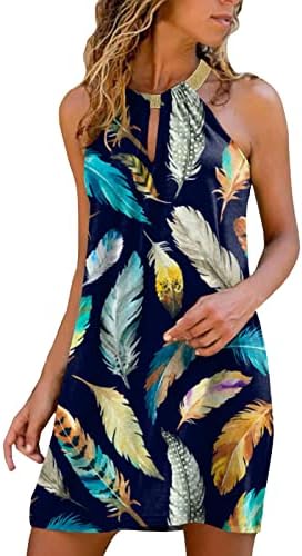 Дами Хаваи фустани 2023 3Д тропски цвет печатење застој на вратот без ракави, летен лабав фустан на плажа