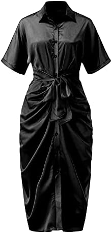 Женска Кошула Со Копчиња Фустан Со Еднобојна Кратка Ракава Тенок Фит Миди Долг Фустан Со Вестидо На Ременот