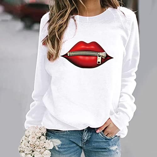 Зимски зимски долги ракави џемпери големи патент црвени усни графички екипаж на вратот од кошула есен џемпер обични врвови блузи