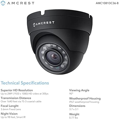 Amcrest Full HD 1080P 1920TVL Купола Отворена безбедносна камера, 2MP 1920x1080, 98ft Night Vision, метално куќиште, 3,6 mm леќи 90 ° Агол на гледање, црна