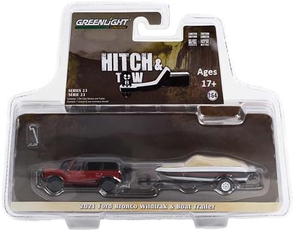 Greenlight 32230-D Hitch & Tow Series 23-2021 Bronco Wildtrak во Rapid Red Metallic со приколка со брод 1/64 Diecast Scale