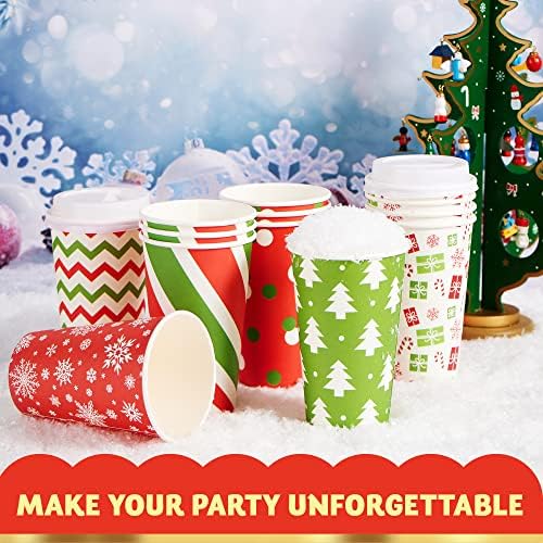 Oyоин 24 парчиња 16 мл Божиќни чаши за еднократна употреба со капаци и ракави за чаши за кафе за Божиќни украси за празници,