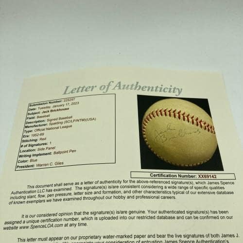 Jackек Брикхаус потпиша Гроздобер 1950 -тите Национална лига Гилес Бејзбол ЈСА Коа - Автограмирани бејзбол