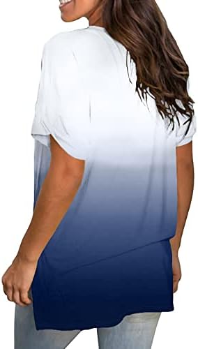 Летна маица за жени Модна градиент печатена блуза V-врат Краток ракав лабава маица врв