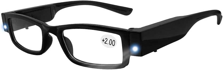 Против очила за очила 4 компјутери Очили за читање LED осветлени читатели во цврста правоаголна пластична рамка -