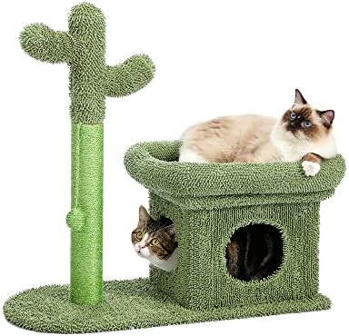 Единствена 2-во-1 кактус мачка дрво со сисал гребење пост пријатна кондо кадифен перч и интерактивна висина топка-мулти-ниво
